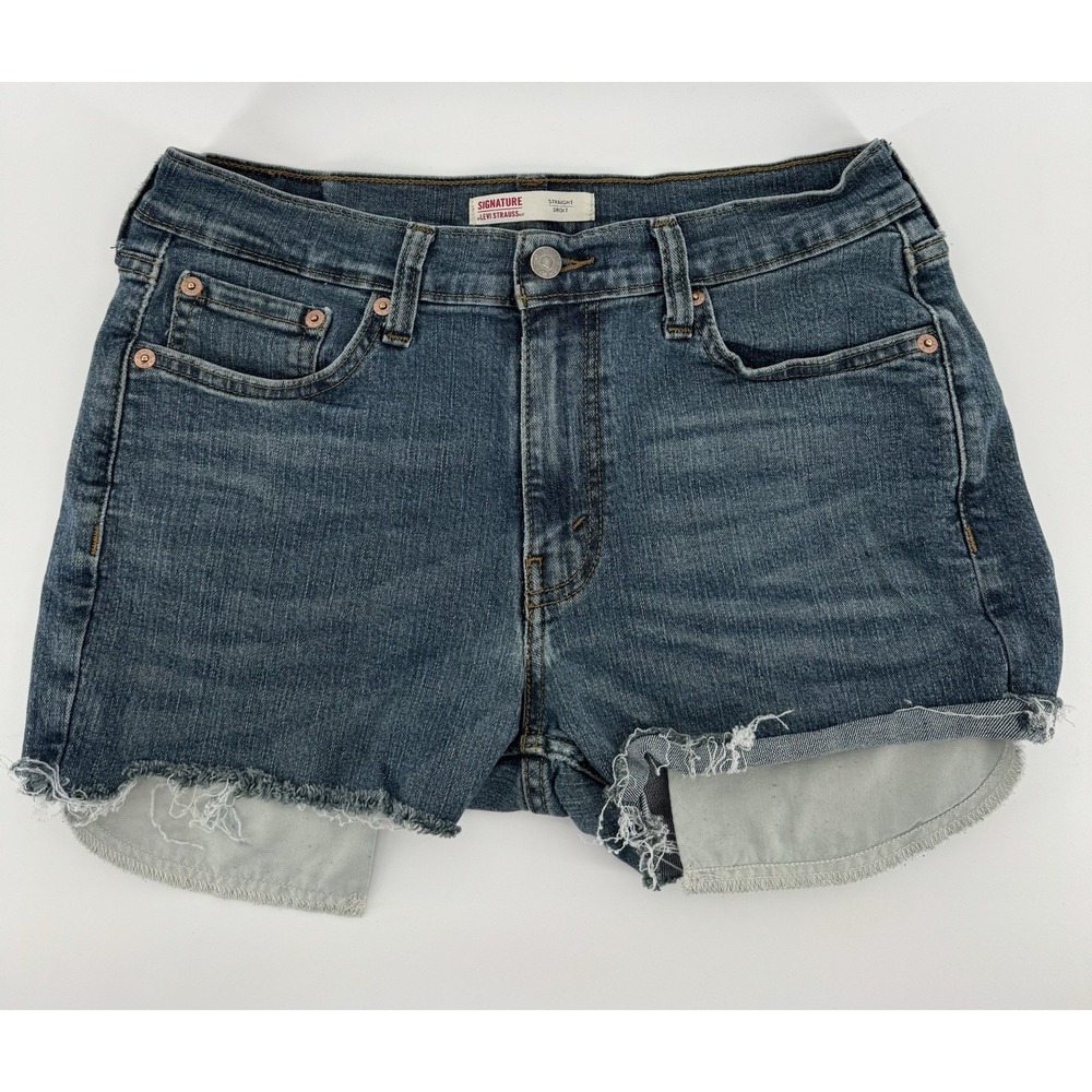 Levi's Signature Women's High Rise Cut Off Blue Denim Shorts Distressed Size 30W